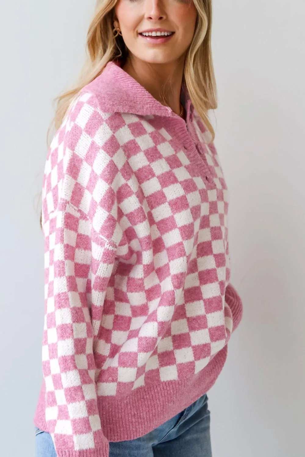 Checkered Collared Neck Long Sleeve Sweater - Trendsi - Flyclothing LLC
