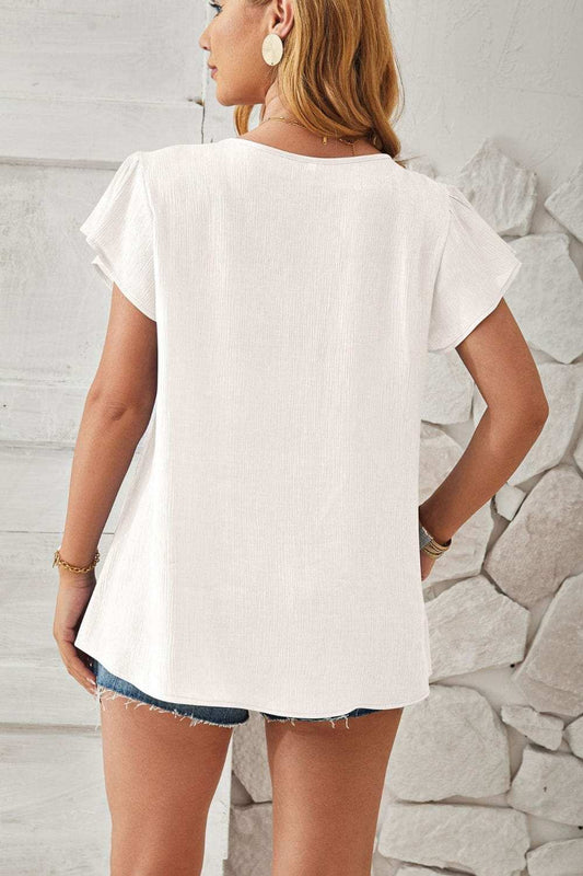 Ruched V-Neck Flounce Sleeve Blouse - Trendsi - Flyclothing LLC