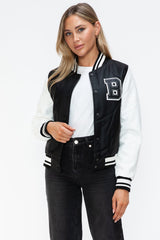 Love Me Now PU Leather Contrast Snap Down Bomber Jacket - Trendsi