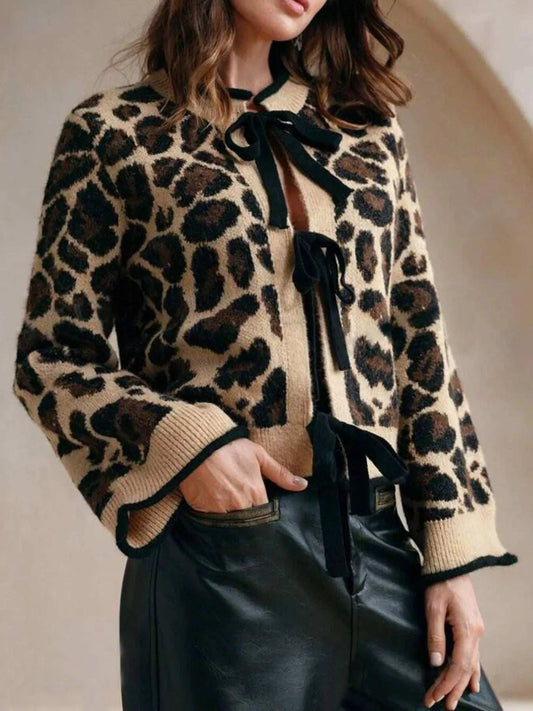 Leopard Print Bow-Tie Front Cropped Cardigan - Trendsi - Flyclothing LLC