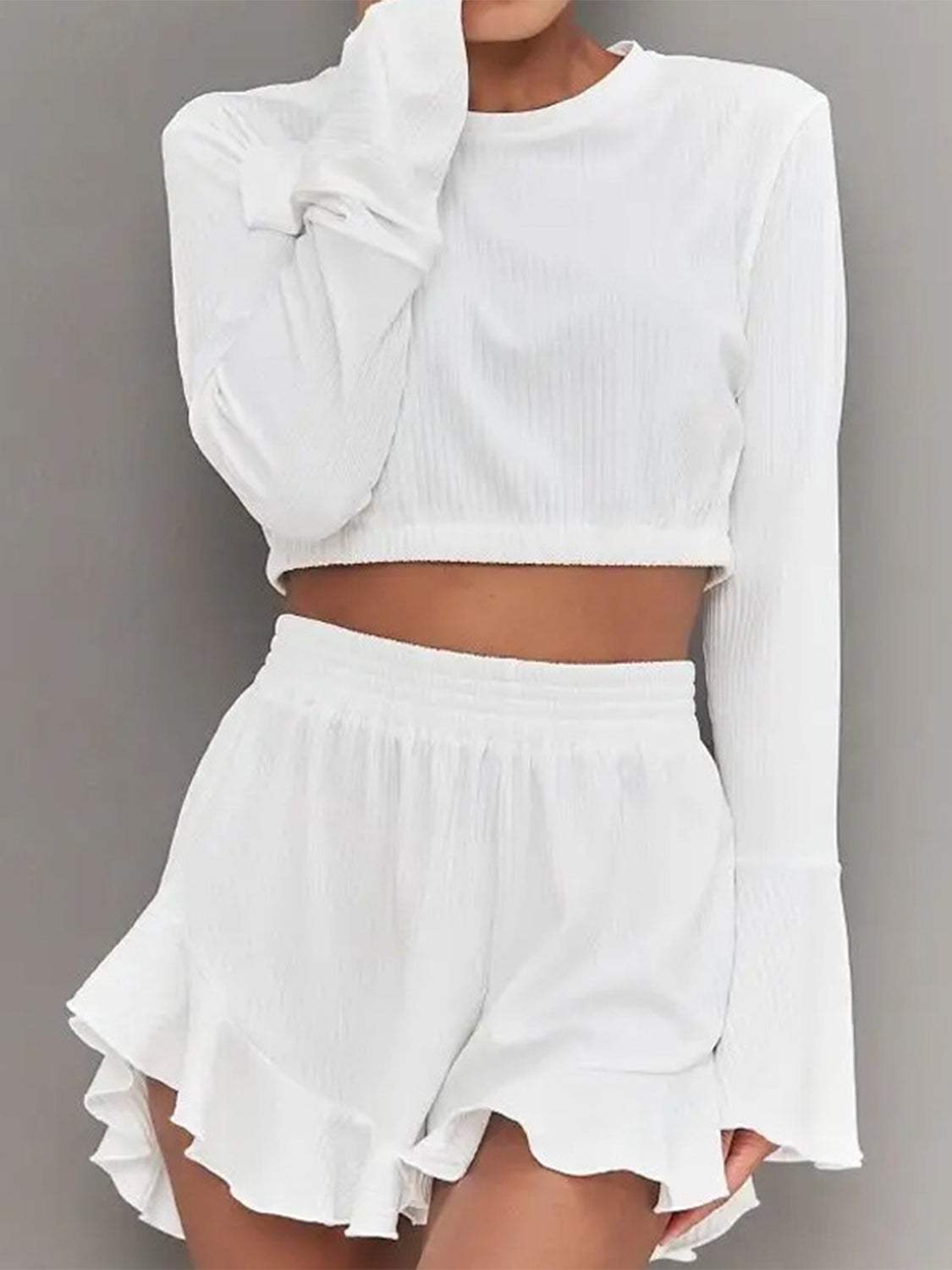 Round Neck Long Sleeve Top and Ruffled Shorts Set - Trendsi - Flyclothing LLC
