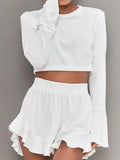 Round Neck Long Sleeve Top and Ruffled Shorts Set - Trendsi