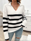 Striped Collared Neck Long Sleeve Sweater - Trendsi - Flyclothing LLC