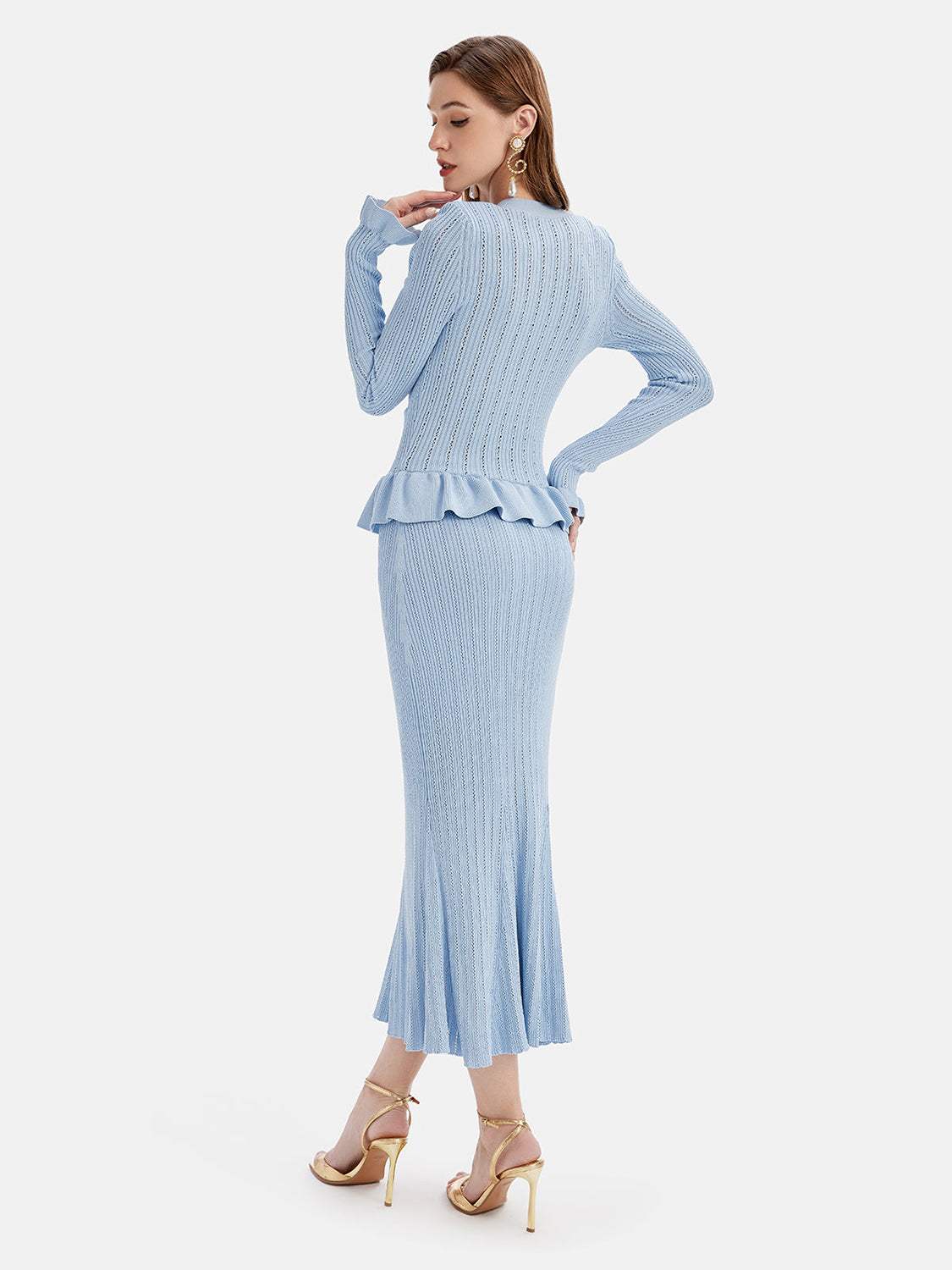 Ruffled V-Neck Top and Midi Skirt Sweater Set - Trendsi - Flyclothing LLC