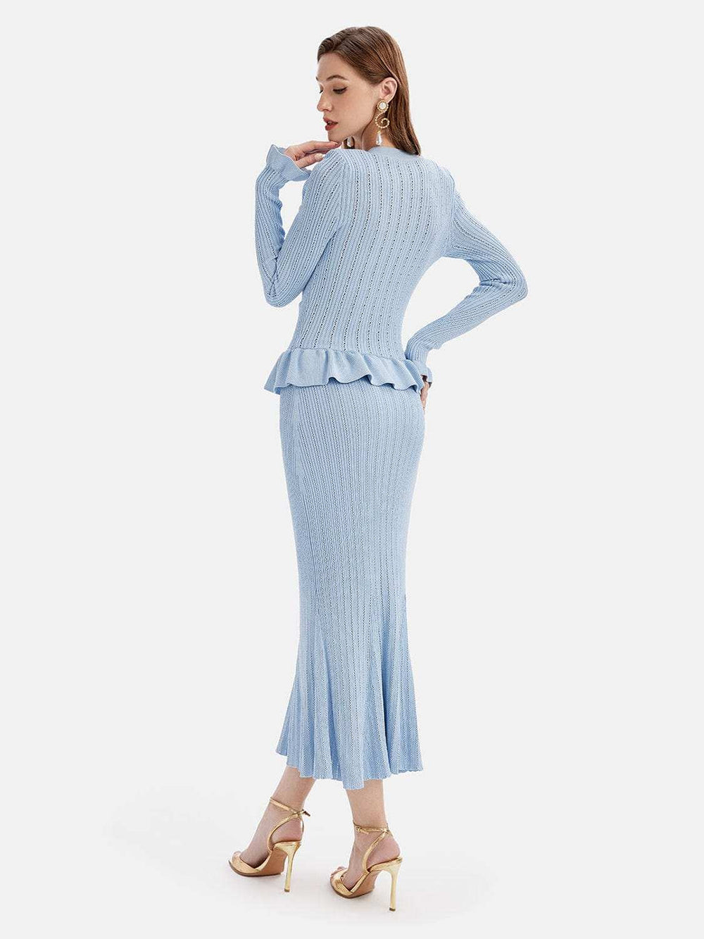 Ruffled V-Neck Top and Midi Skirt Sweater Set - Trendsi - Flyclothing LLC