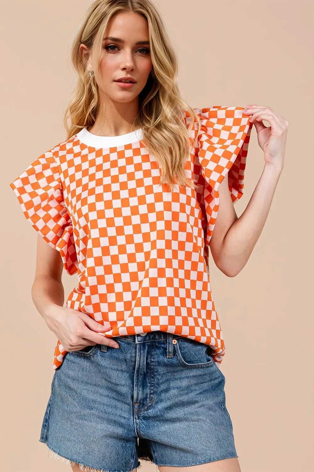 Oh Checkered Round Neck Puff Sleeve Blouse - Trendsi - Flyclothing LLC