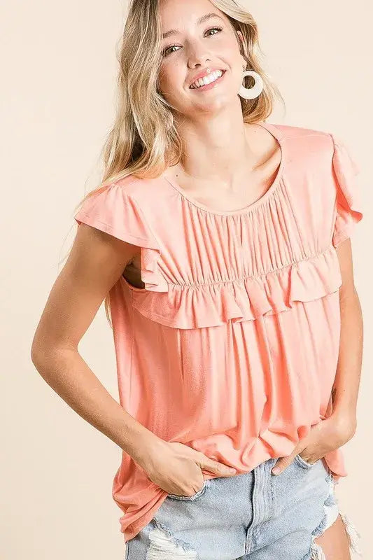 BiBi Jersey Knit Gathered Top with Ruffles - Trendsi - Flyclothing LLC