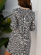 Striped Collar Leopard Print Long Sleeve Flared Dress - Trendsi - Flyclothing LLC