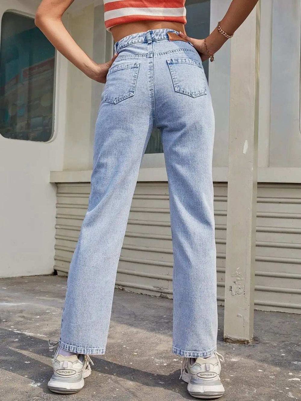 High Waist Straight Jeans with Pockets - Trendsi - Flyclothing LLC