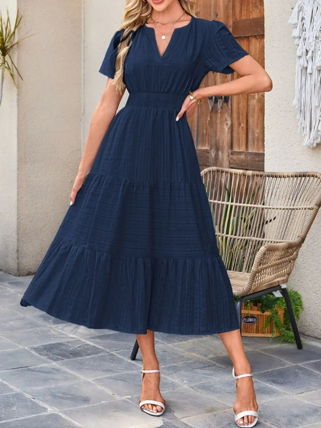 Tiered Notched Short Sleeve Dress - Trendsi - Flyclothing LLC