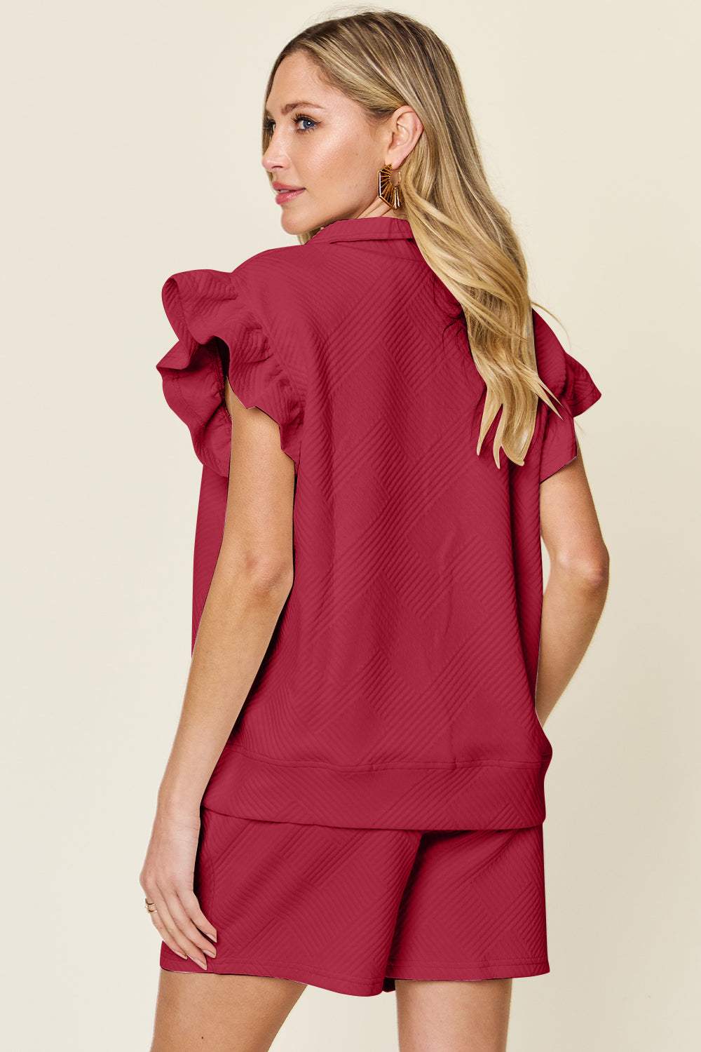 Double Take Full Size Texture Flounce Sleeve Top and Drawstring Shorts Set - Trendsi - Flyclothing LLC