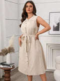 Plus Size Button Front Tie Waist Sleeveless Dress - Trendsi