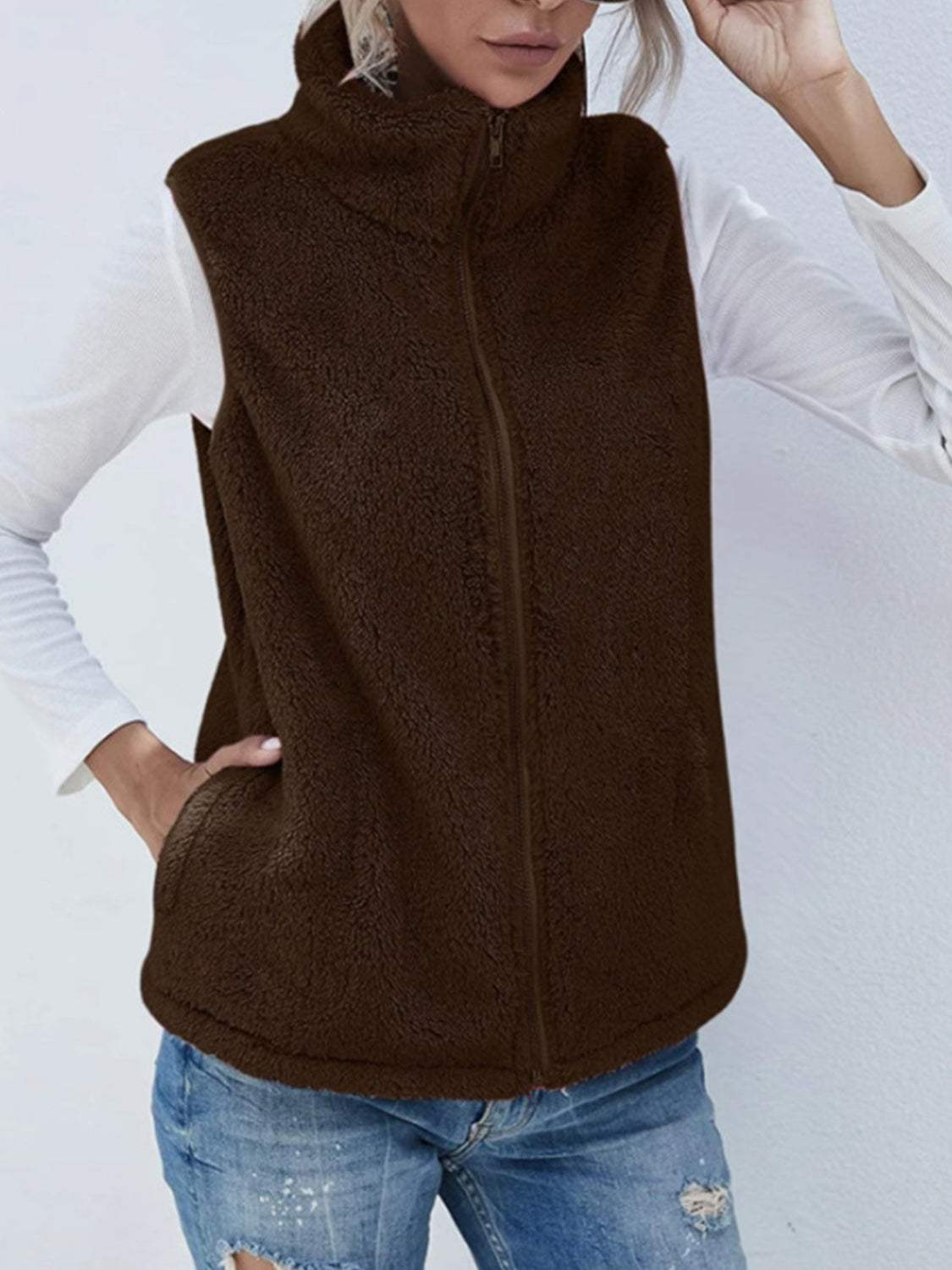 Full Size Fuzzy Zip Up Vest Coat with Pockets - Trendsi - Flyclothing LLC