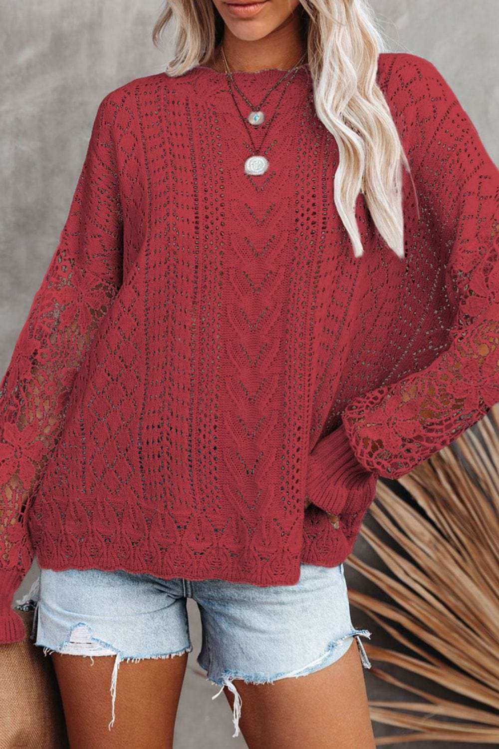 Openwork Round Neck Long Sleeve Sweater - Trendsi - Flyclothing LLC