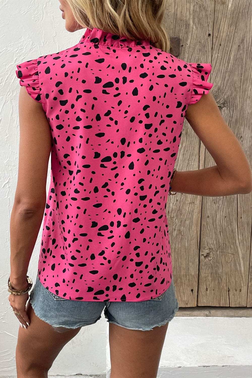 Tied Printed Tie Neck Cap Sleeve Blouse - Trendsi - Flyclothing LLC