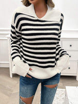 Striped Collared Neck Long Sleeve Sweater - Trendsi - Flyclothing LLC