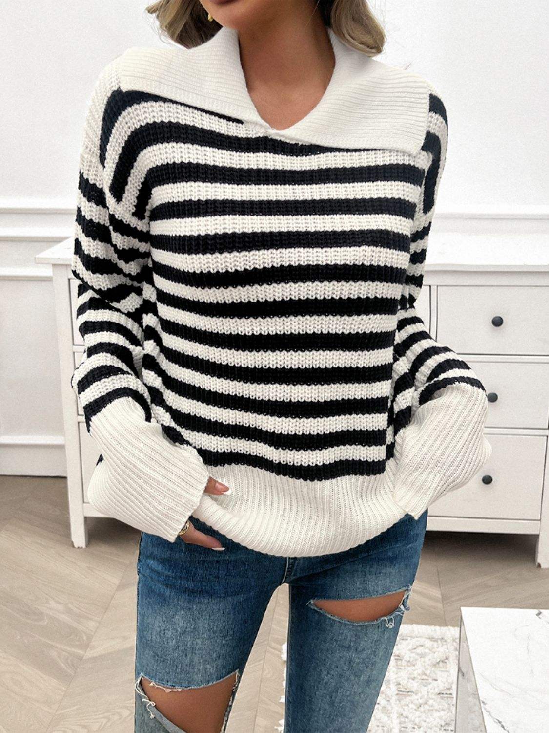 Striped Collared Neck Long Sleeve Sweater - Trendsi - Flyclothing LLC
