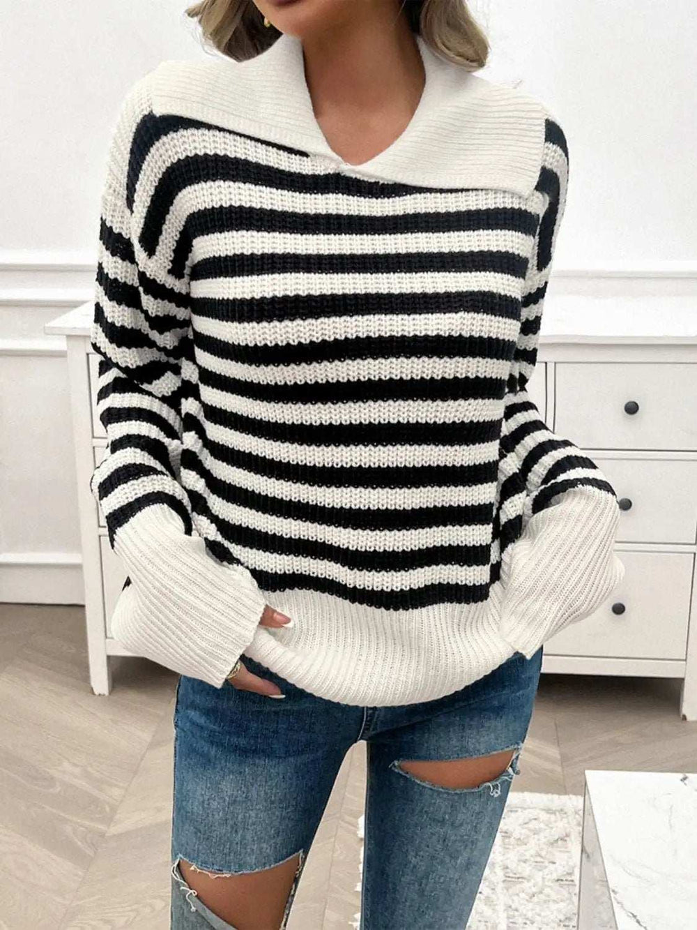 Striped Collared Neck Long Sleeve Sweater - Trendsi - Flyclothing LLC