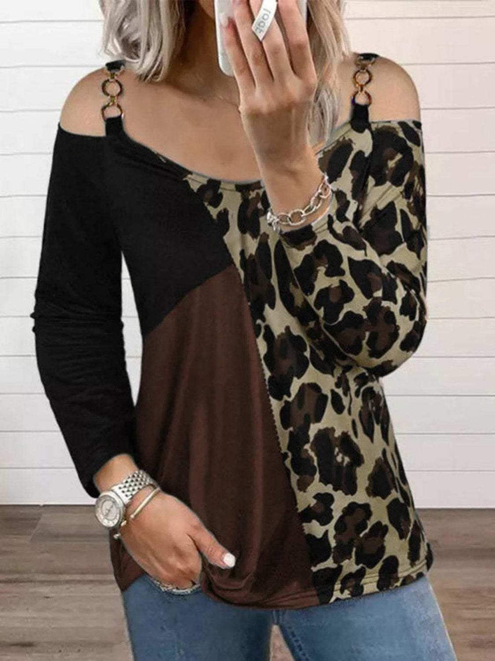 Full Size Leopard Cold Shoulder Long Sleeve T-Shirt - Trendsi - Flyclothing LLC