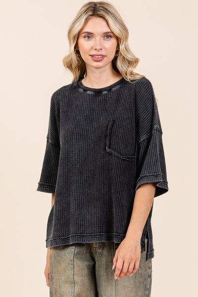 Mittoshop Mineral Wash Waffle Knit Short Sleeve Top - Trendsi - Flyclothing LLC