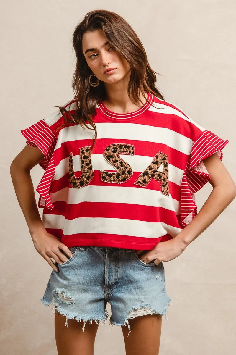 BiBi Stripe Mixed Ruffle Sleeve Top With Leopard Letter - Trendsi