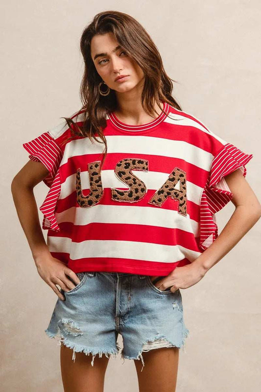 BiBi Stripe Mixed Ruffle Sleeve Top With Leopard Letter - Trendsi - Flyclothing LLC