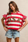 BiBi Stripe Mixed Ruffle Sleeve Top With Leopard Letter - Trendsi