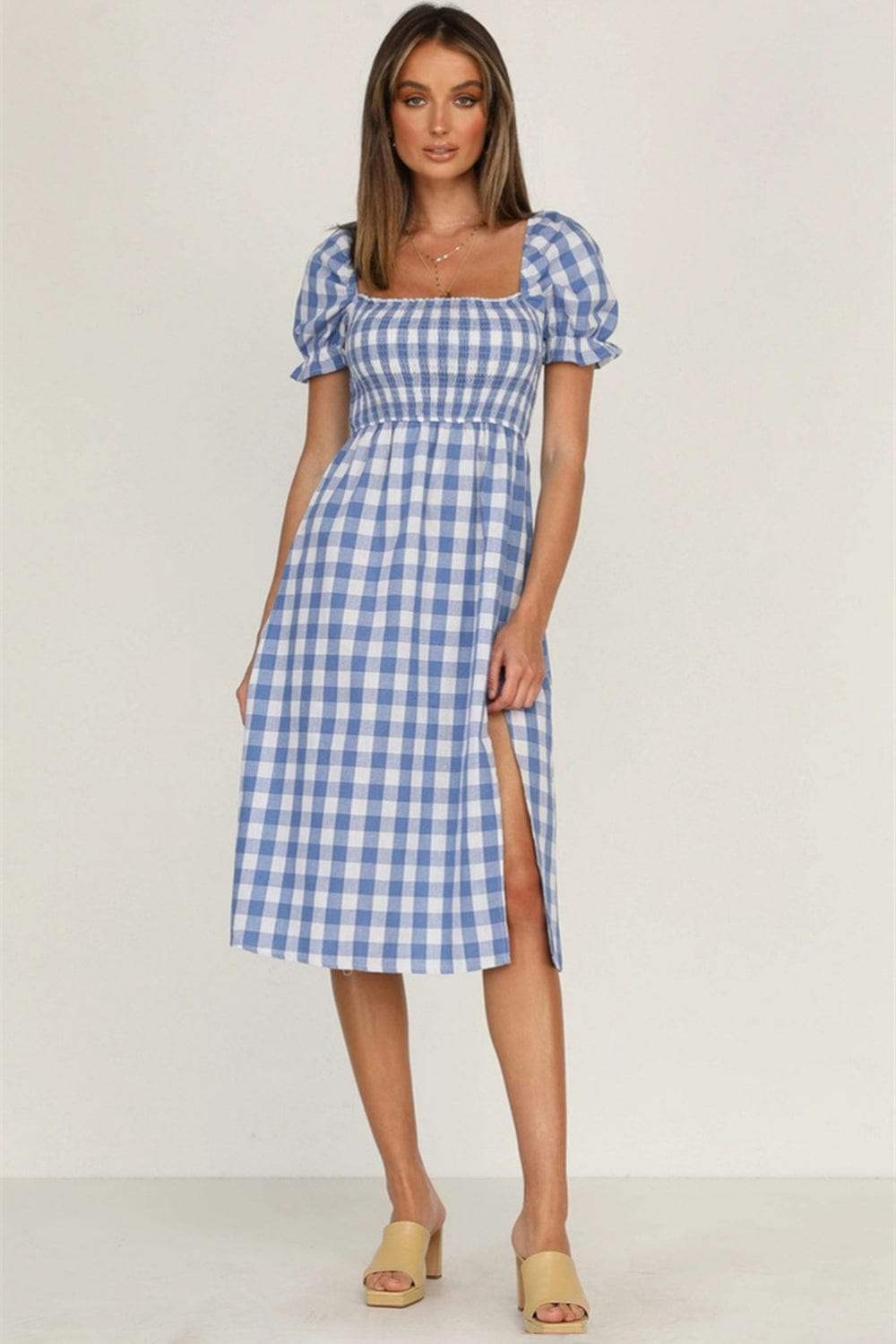 Full Size Slit Plaid Short Sleeve Midi Dress - Trendsi - Flyclothing LLC