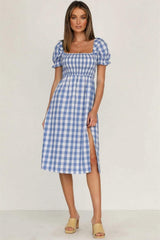 Full Size Slit Plaid Short Sleeve Midi Dress - Trendsi - Flyclothing LLC