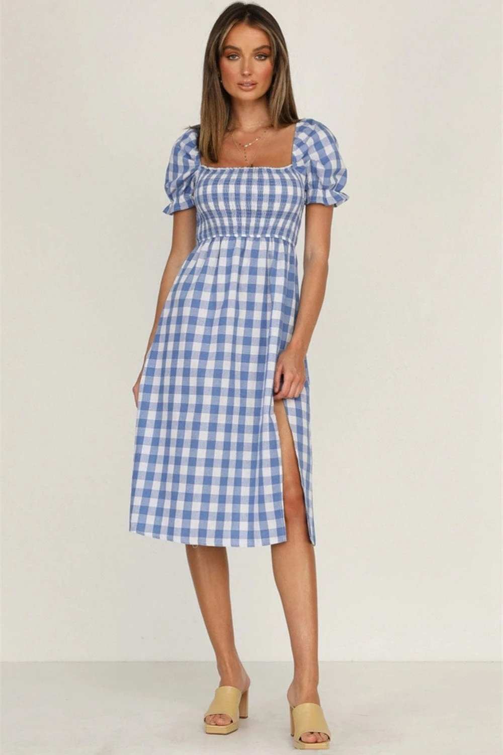 Full Size Slit Plaid Short Sleeve Midi Dress - Trendsi - Flyclothing LLC