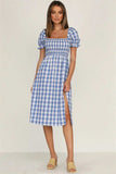 Full Size Slit Plaid Short Sleeve Midi Dress - Trendsi - Flyclothing LLC