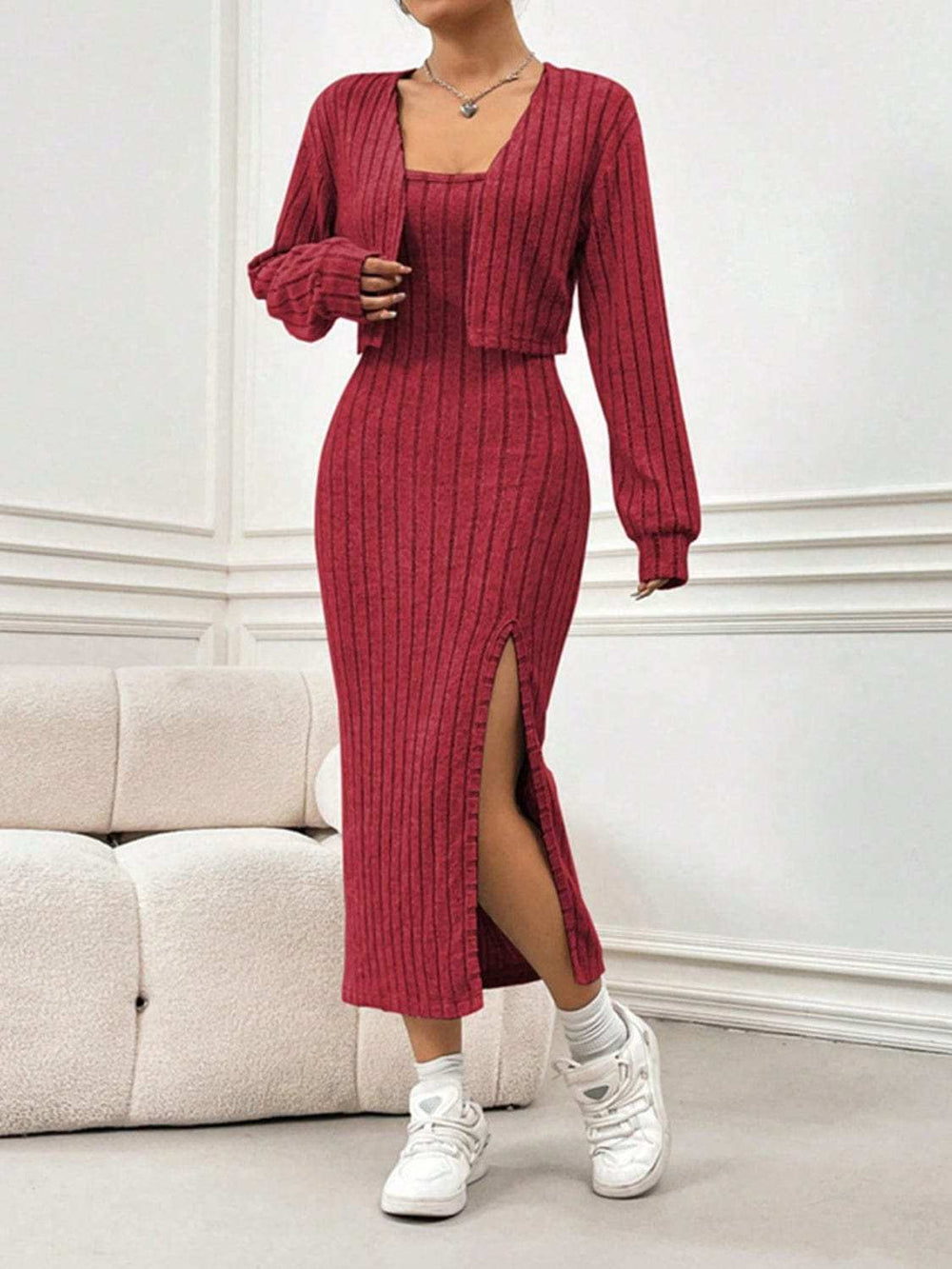 Ribbed Long Sleeve Cropped Cardigan and Slit Cami Dress Set - Trendsi - Flyclothing LLC