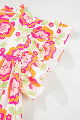 Floral Ruffled Sleeve Ric-Rac Trim Split Neck Loose Blouse - Trendsi - Flyclothing LLC