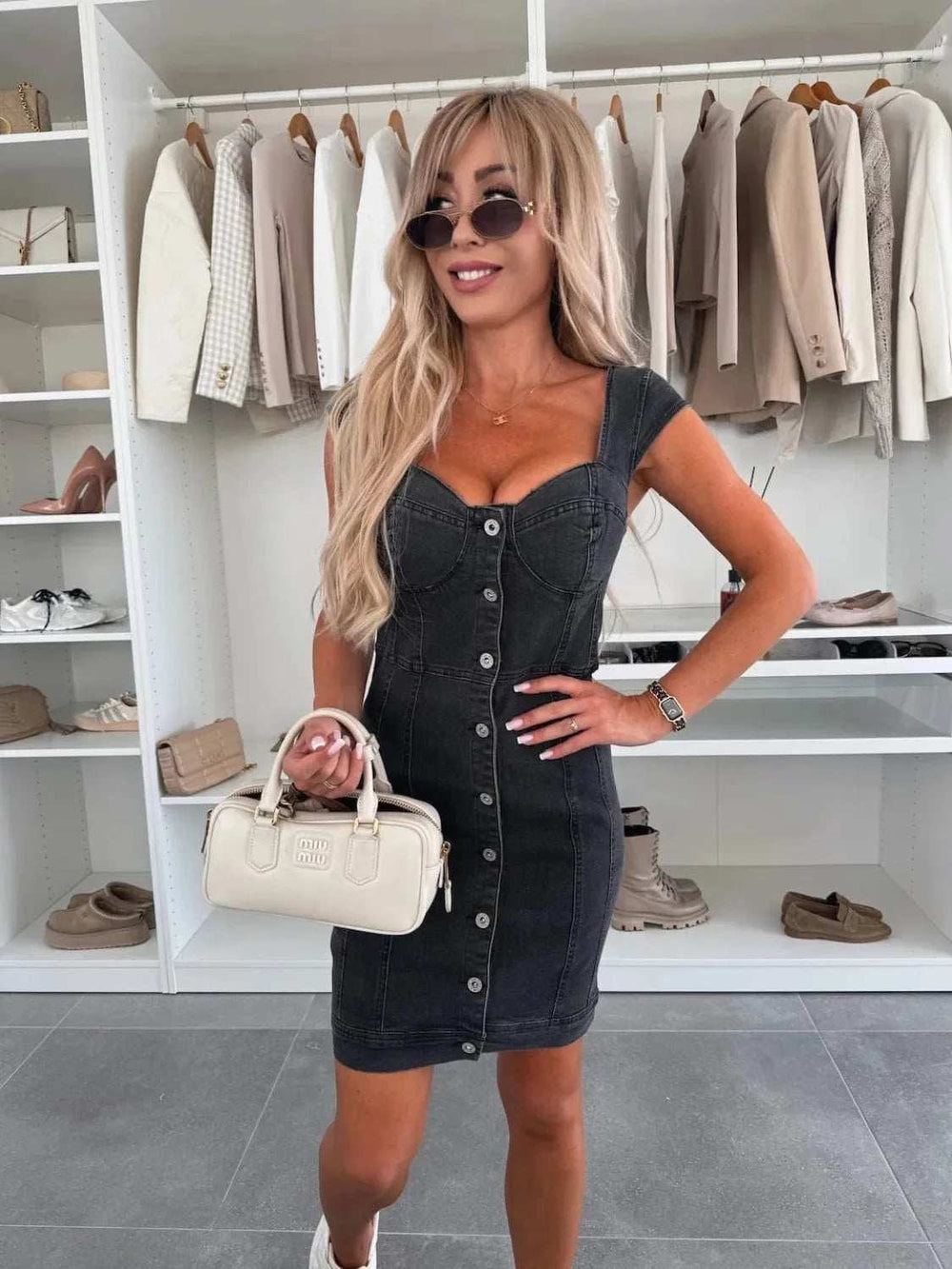 Sweetheart Neck Cap Sleeve Denim Dress - Trendsi - Flyclothing LLC