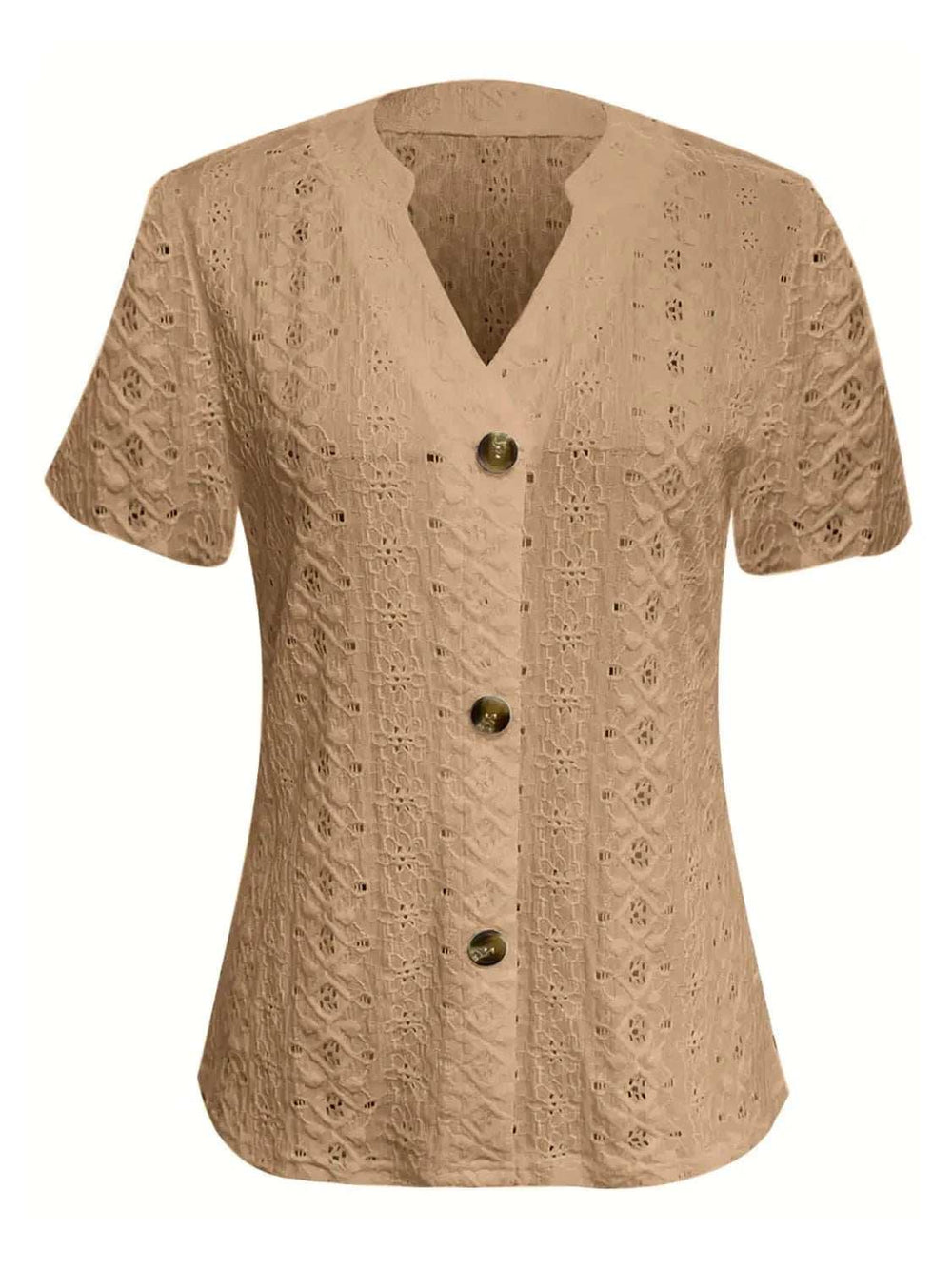 Openwork Notched Short Sleeve Top - Trendsi - Flyclothing LLC