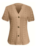 Openwork Notched Short Sleeve Top - Trendsi - Flyclothing LLC