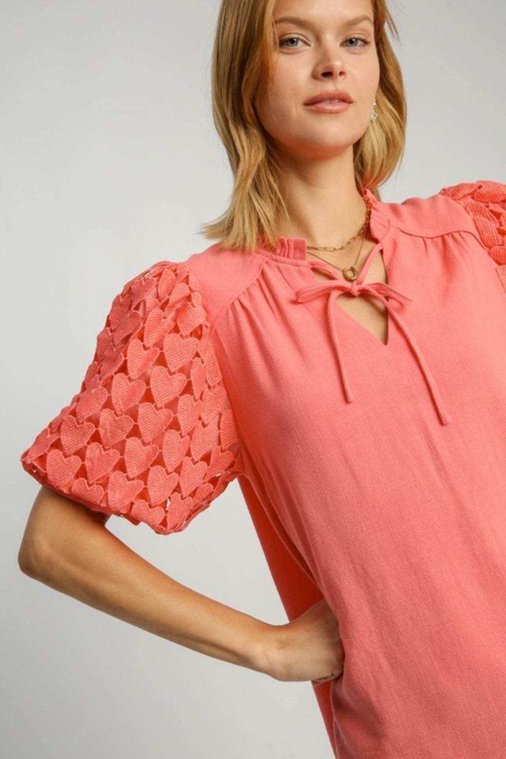 Umgee Full Size Heart Lace Sleeve Ruffle Collar Top Plus Size - Trendsi - Flyclothing LLC