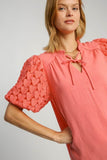 Umgee Full Size Heart Lace Sleeve Ruffle Collar Top Plus Size - Trendsi
