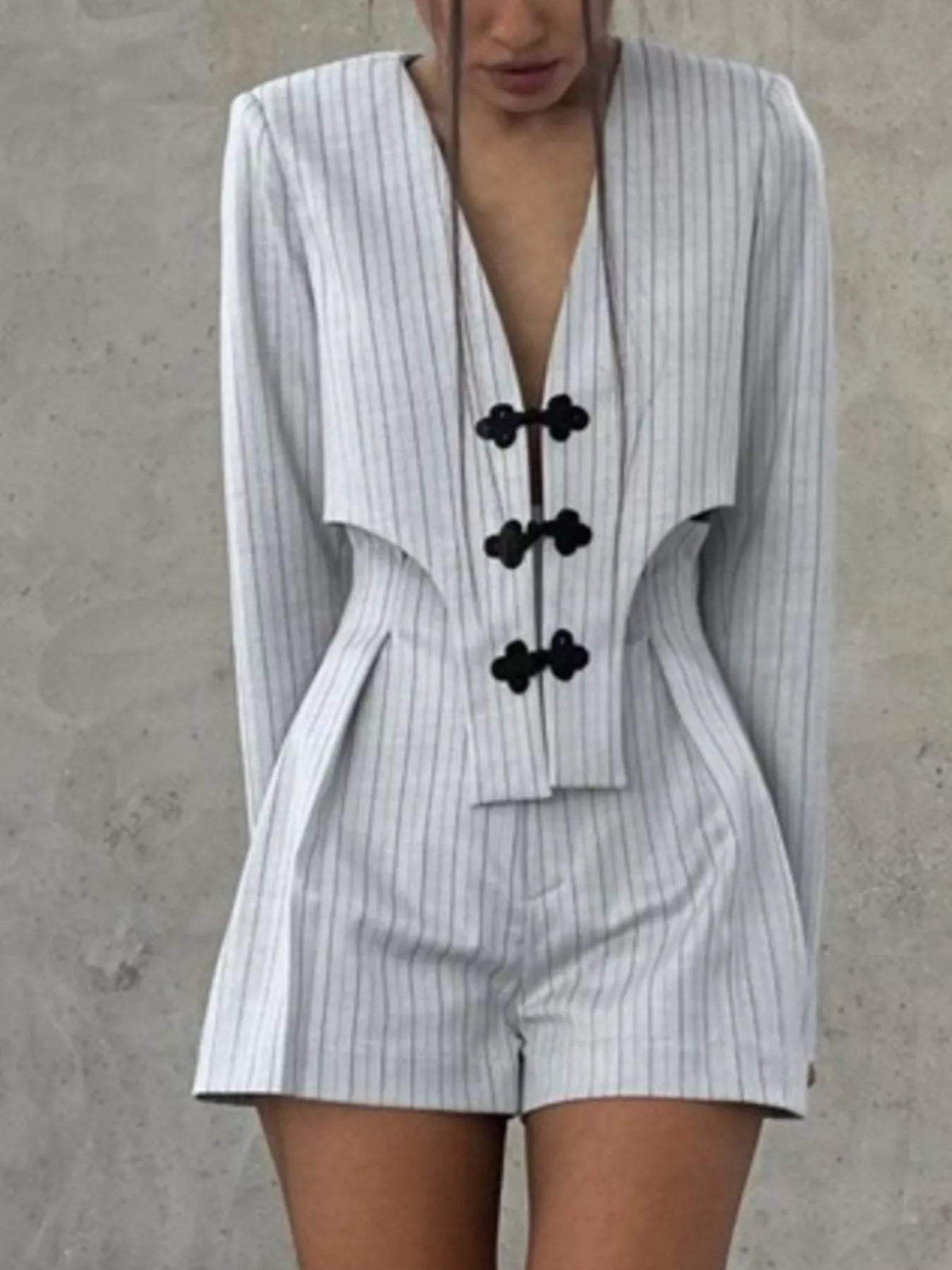 Pinstripe Cropped Blazer and Pleated Shorts Set - Trendsi - Flyclothing LLC