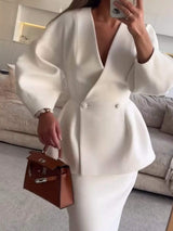 Double-Breasted Peplum Blazer and Skirt Set - Trendsi - Flyclothing LLC