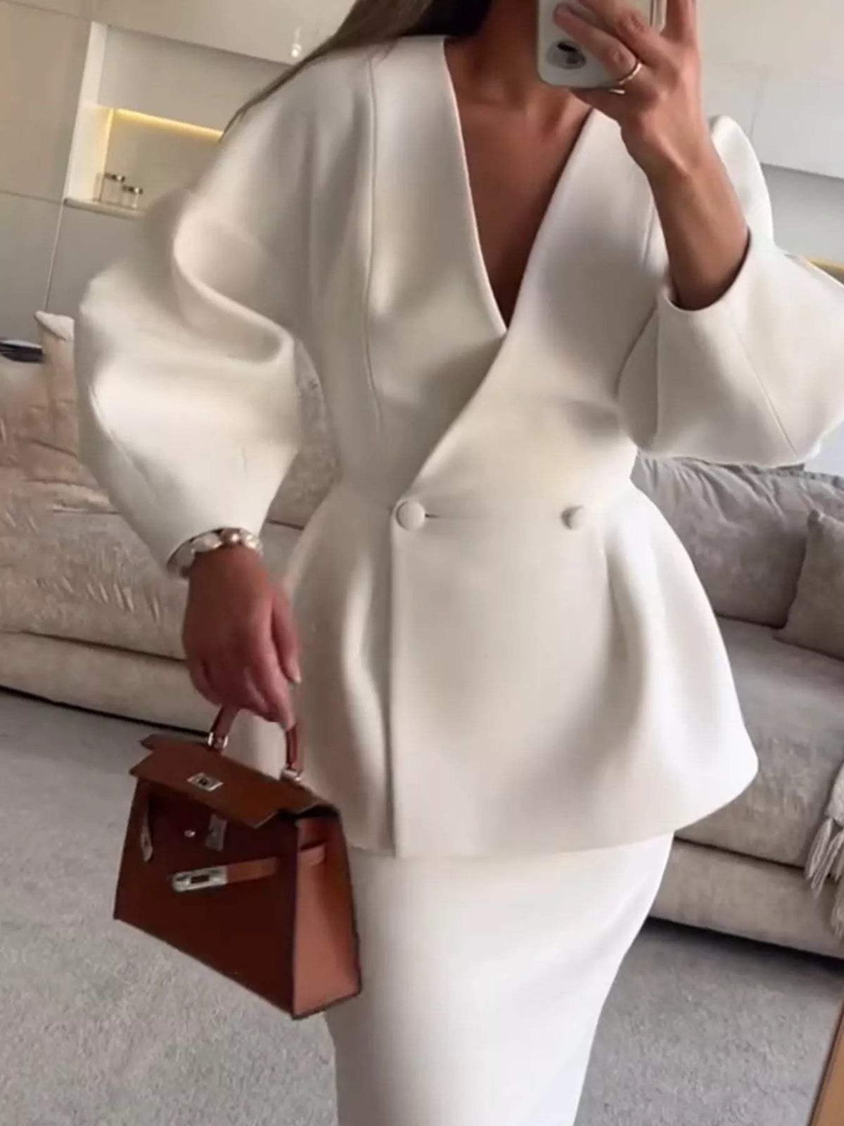 Double-Breasted Peplum Blazer and Skirt Set - Trendsi - Flyclothing LLC