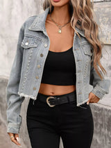 Studded Raw Hem Denim Jacket - Trendsi - Flyclothing LLC