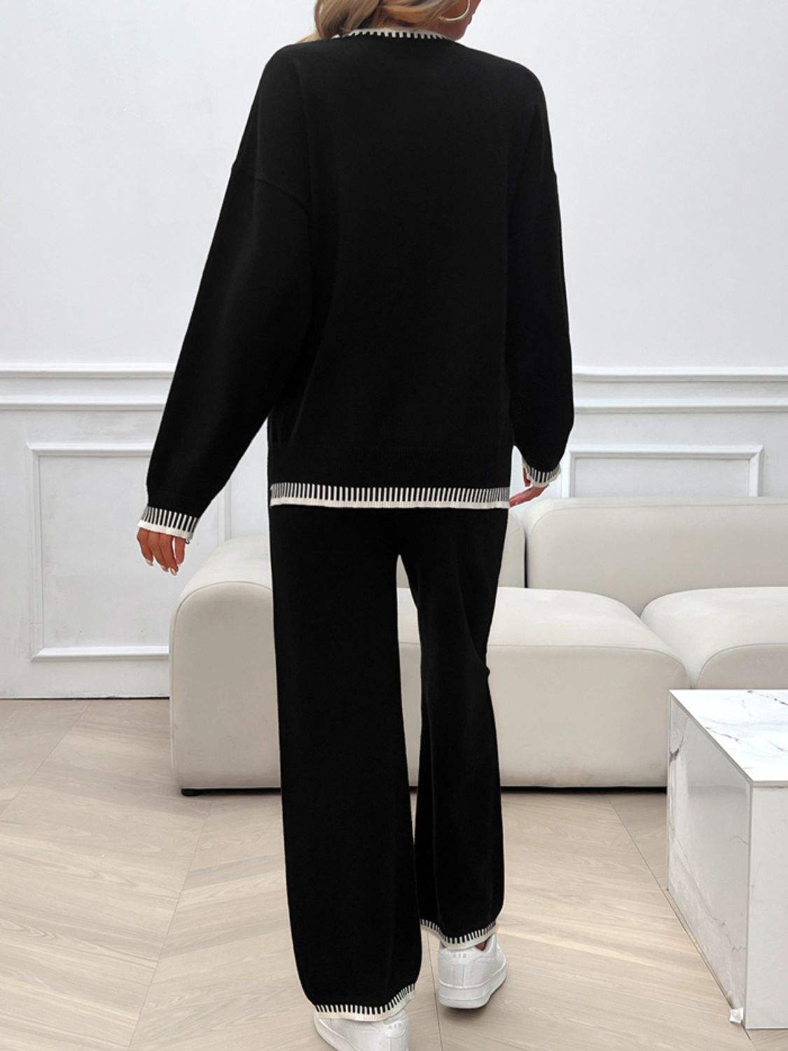 Round Neck Dropped Shoulder Top and Pants Sweater Set - Trendsi - Flyclothing LLC