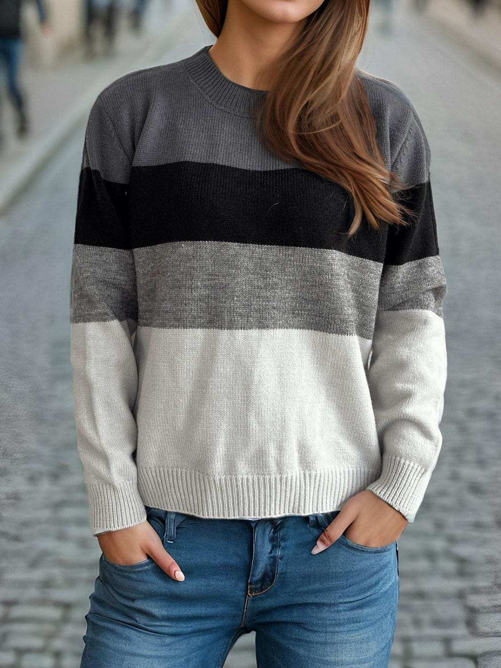 Color Block Round Neck Long Sleeve Sweater - Trendsi - Flyclothing LLC