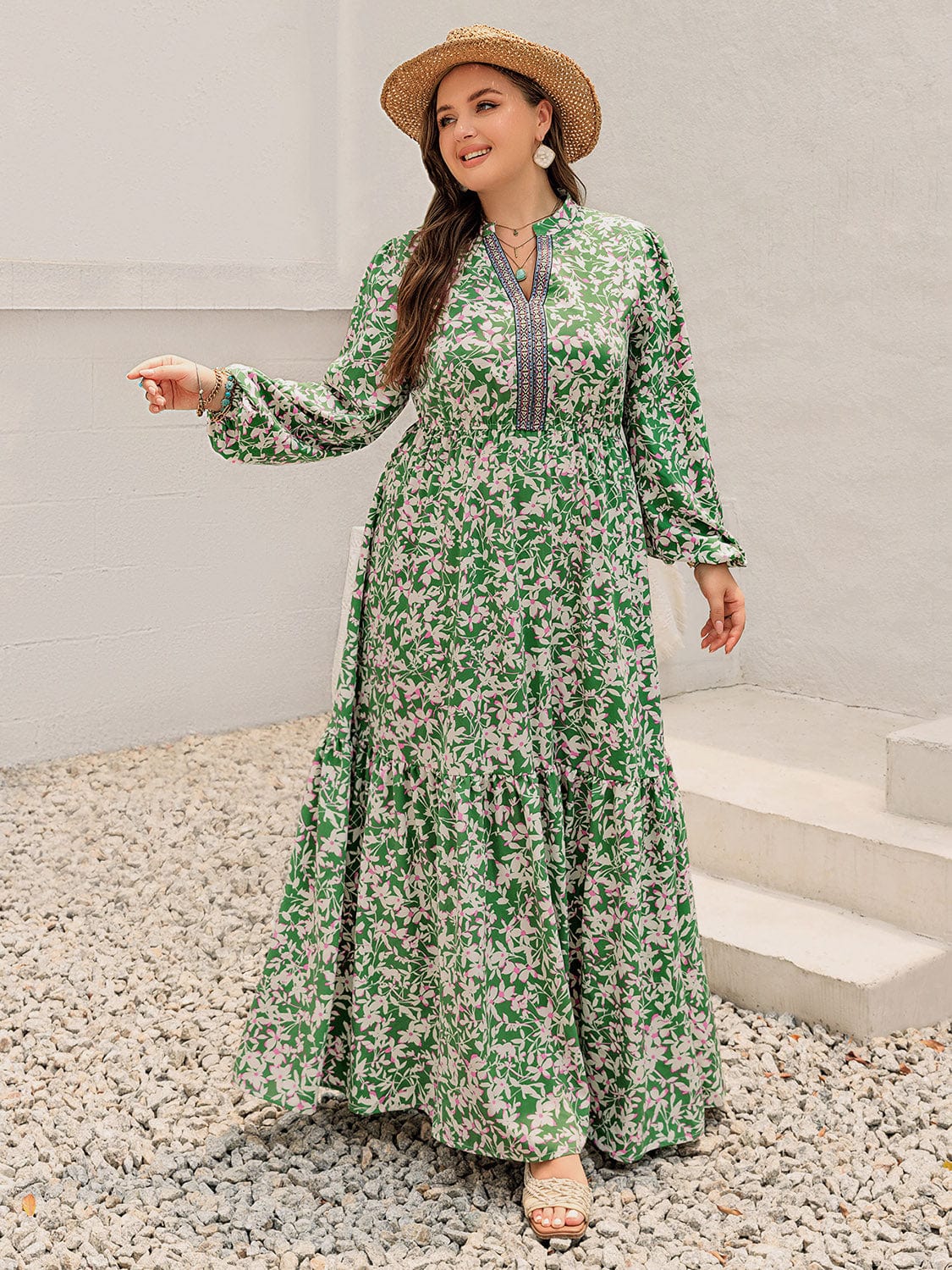 Plus Size Printed Notched Long Sleeve Maxi Dress - Trendsi