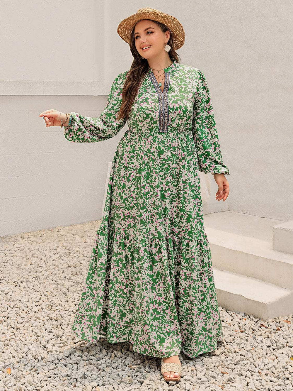 Plus Size Printed Notched Long Sleeve Maxi Dress - Trendsi - Flyclothing LLC