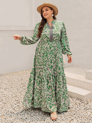 Plus Size Printed Notched Long Sleeve Maxi Dress - Trendsi