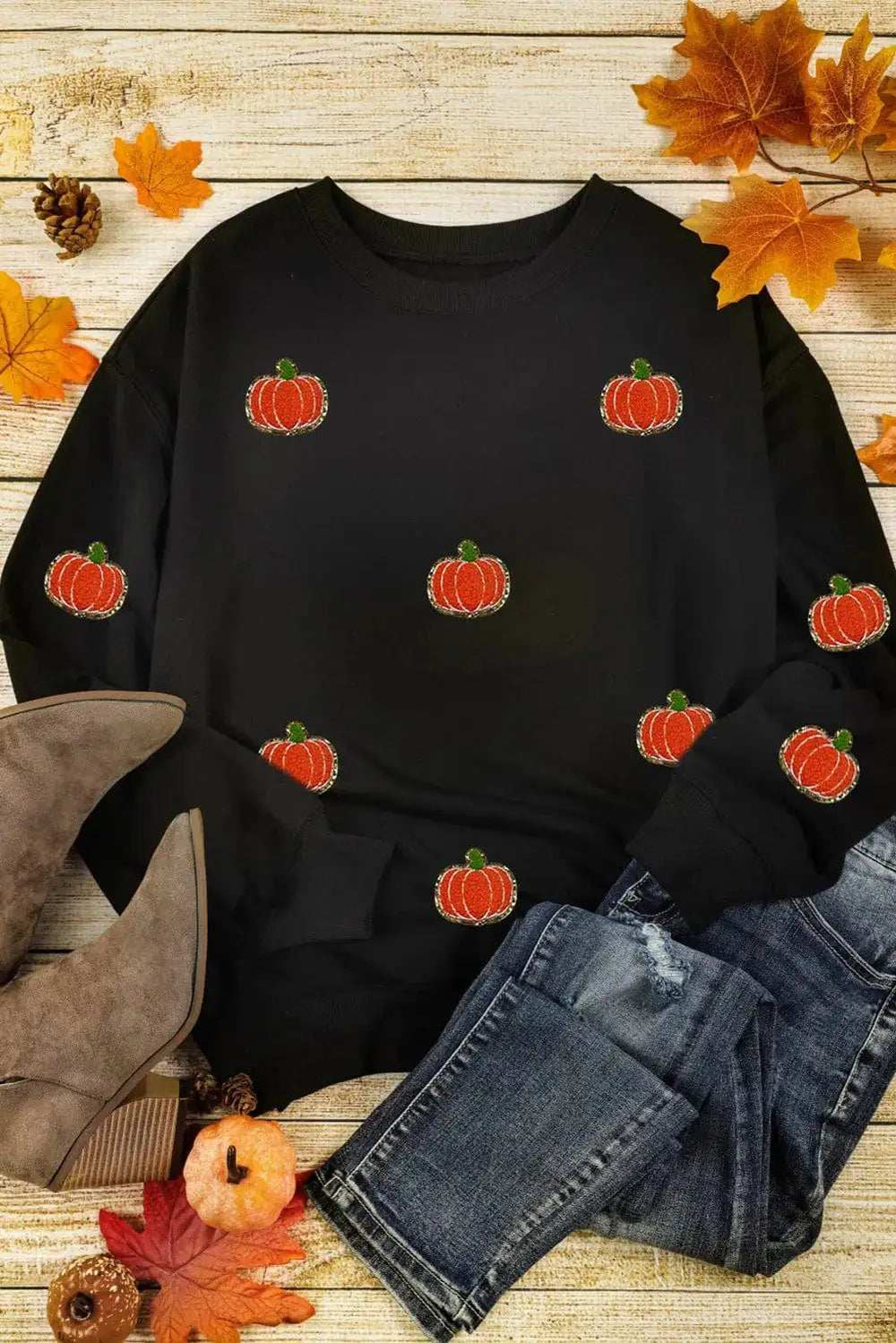 Pumpkin Round Neck Long Sleeve Sweatshirt - Trendsi - Flyclothing LLC