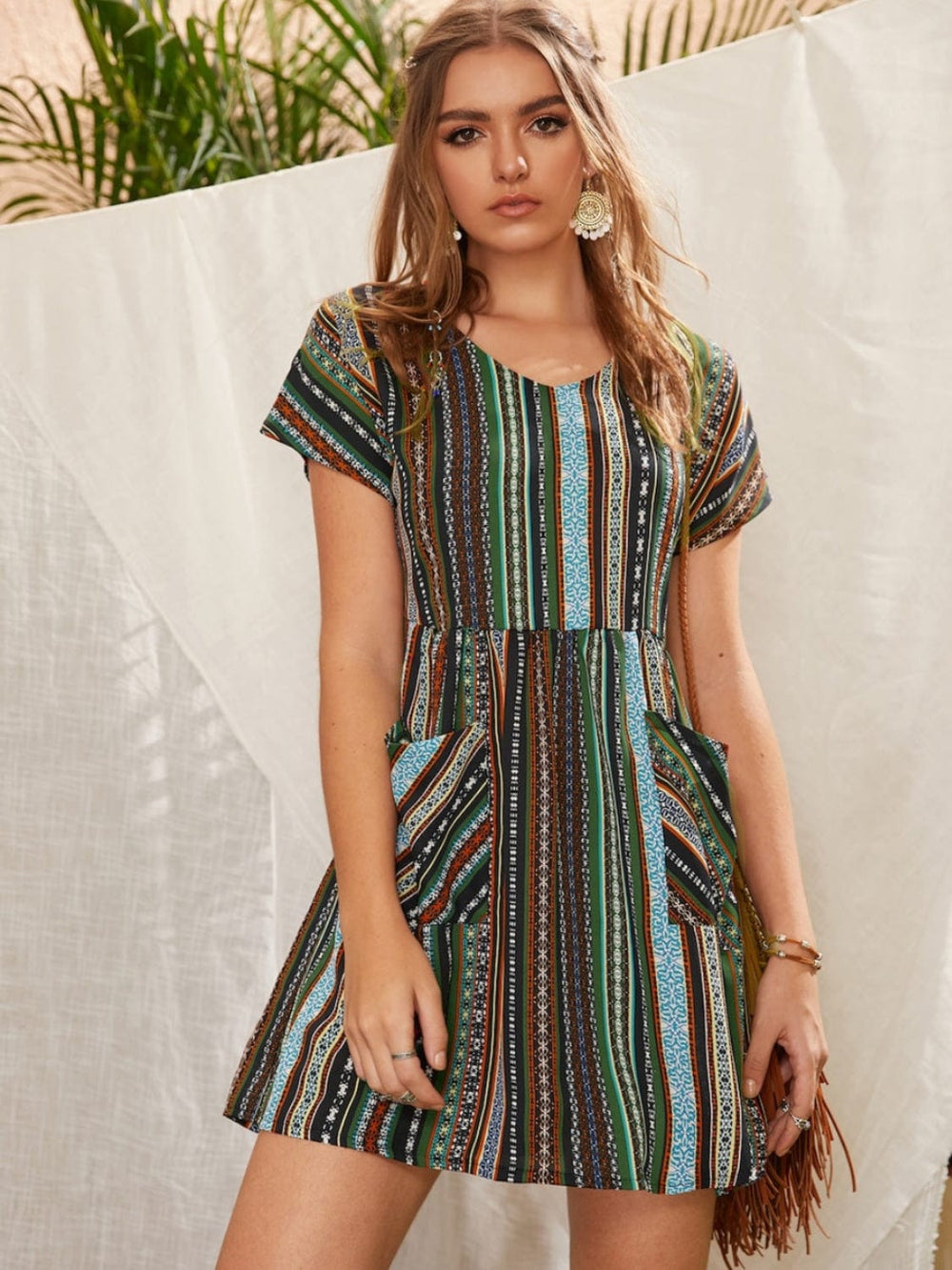 Pocketed Striped Short Sleeve Dress - Trendsi