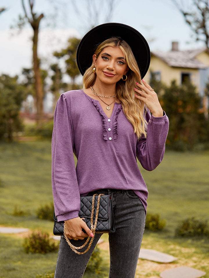 Puff Sleeve Ruffle Trim Blouse - Trendsi - Flyclothing LLC